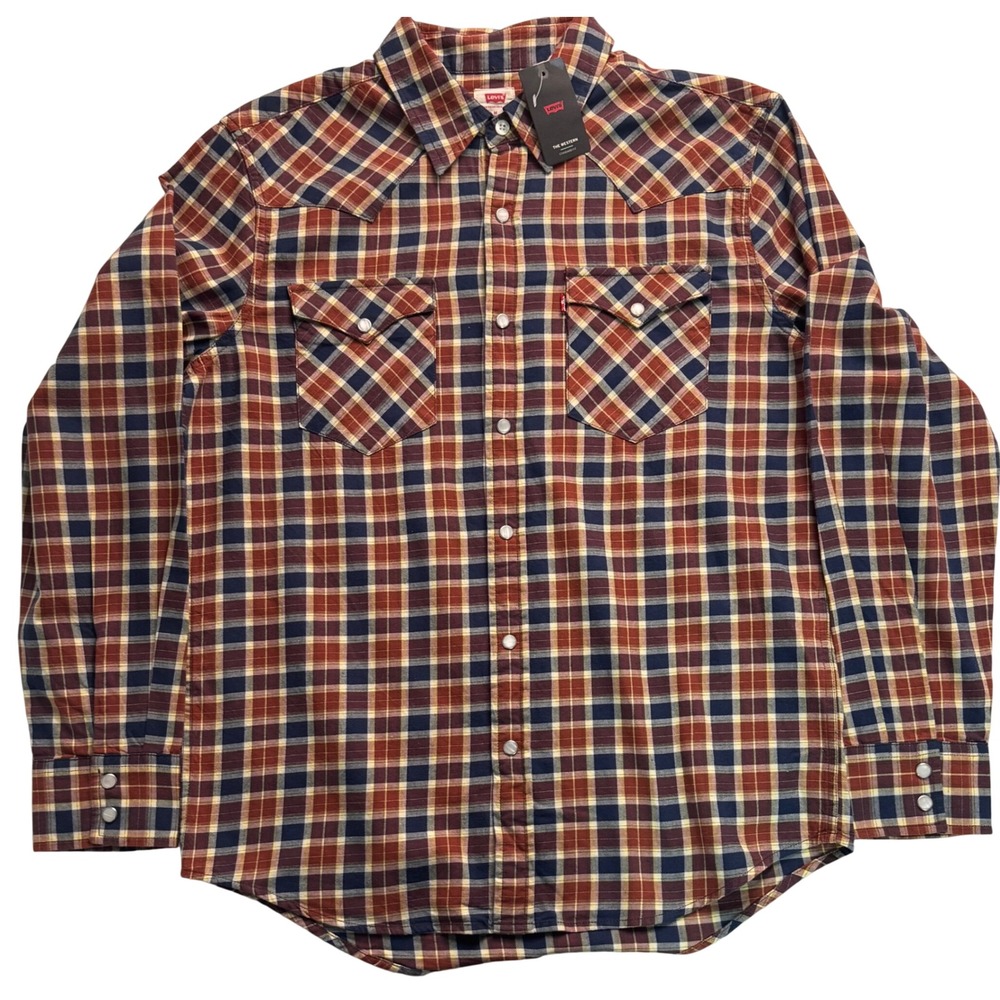 Levis Mens Western Standard Fit Plaid Snap Front Shirt Burgundy Navy M